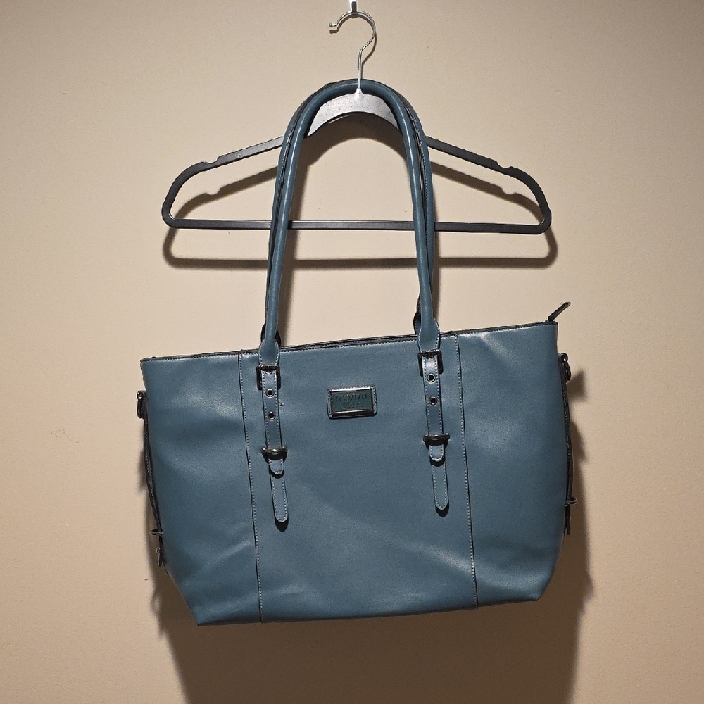 New Slate Blue Leather Tote with Computer Bag